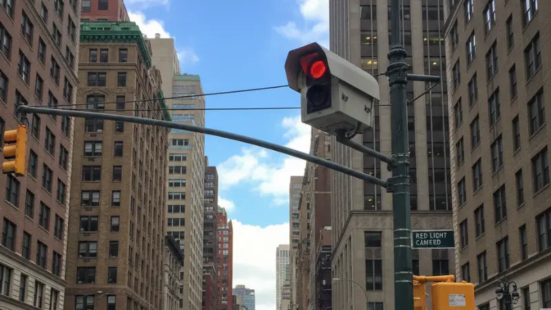 New York City intersection with red light camera representing 2026 NYC DOT expansion