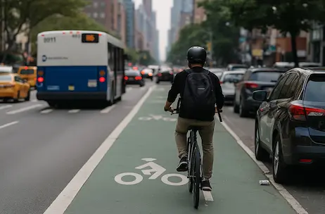 A cyclist wearing a helmet rides on a designated bike lane in a busy New York City street, surrounded by traffic including a bus and cars, highlighting pedestrian and cyclist safety concerns.