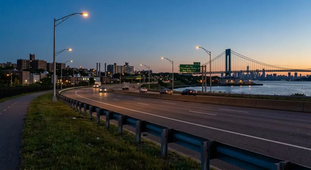 Calm Brooklyn highway at dusk representing broader New York City traffic conditions.