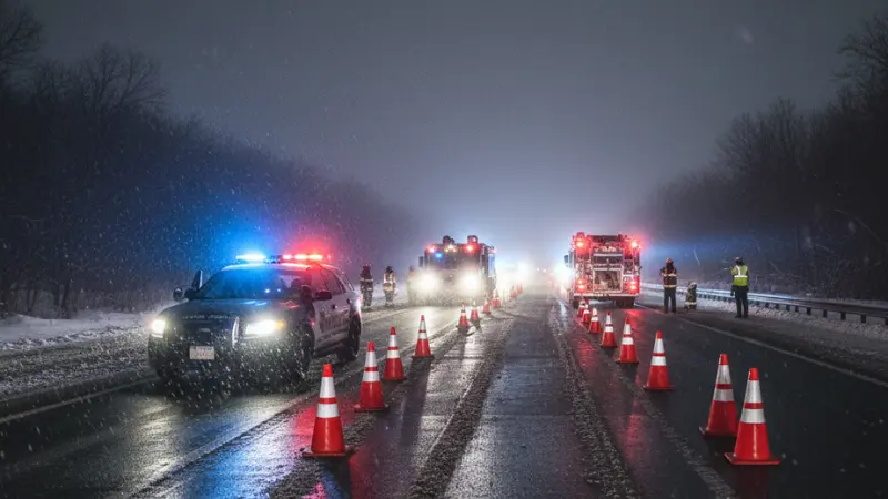 La Policía del Estado de Nueva York y los camiones de bomberos por la noche en la helada Interestatal 81, tras el accidente de LaFayette en el que resultaron heridas varias personas.