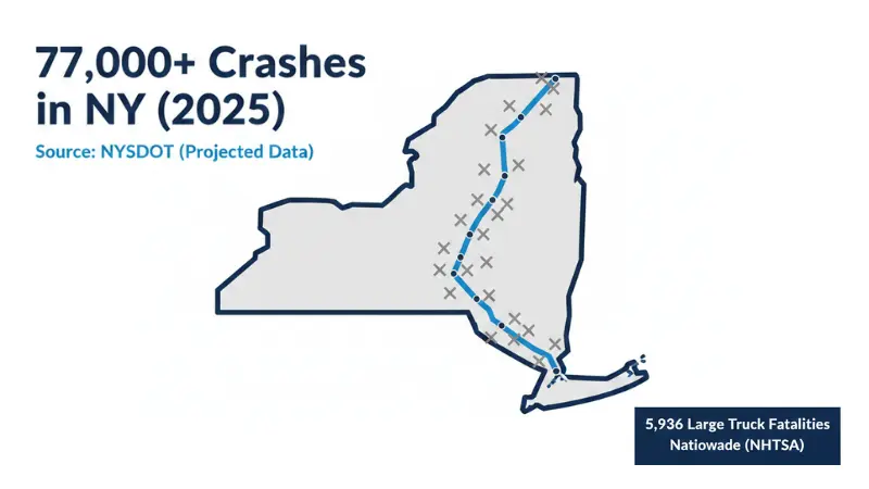 2025 crash data show more than 77,000 collisions across New York State, including thousands involving large trucks on the NY Thruway, according to NHTSA and NYC Open Data.