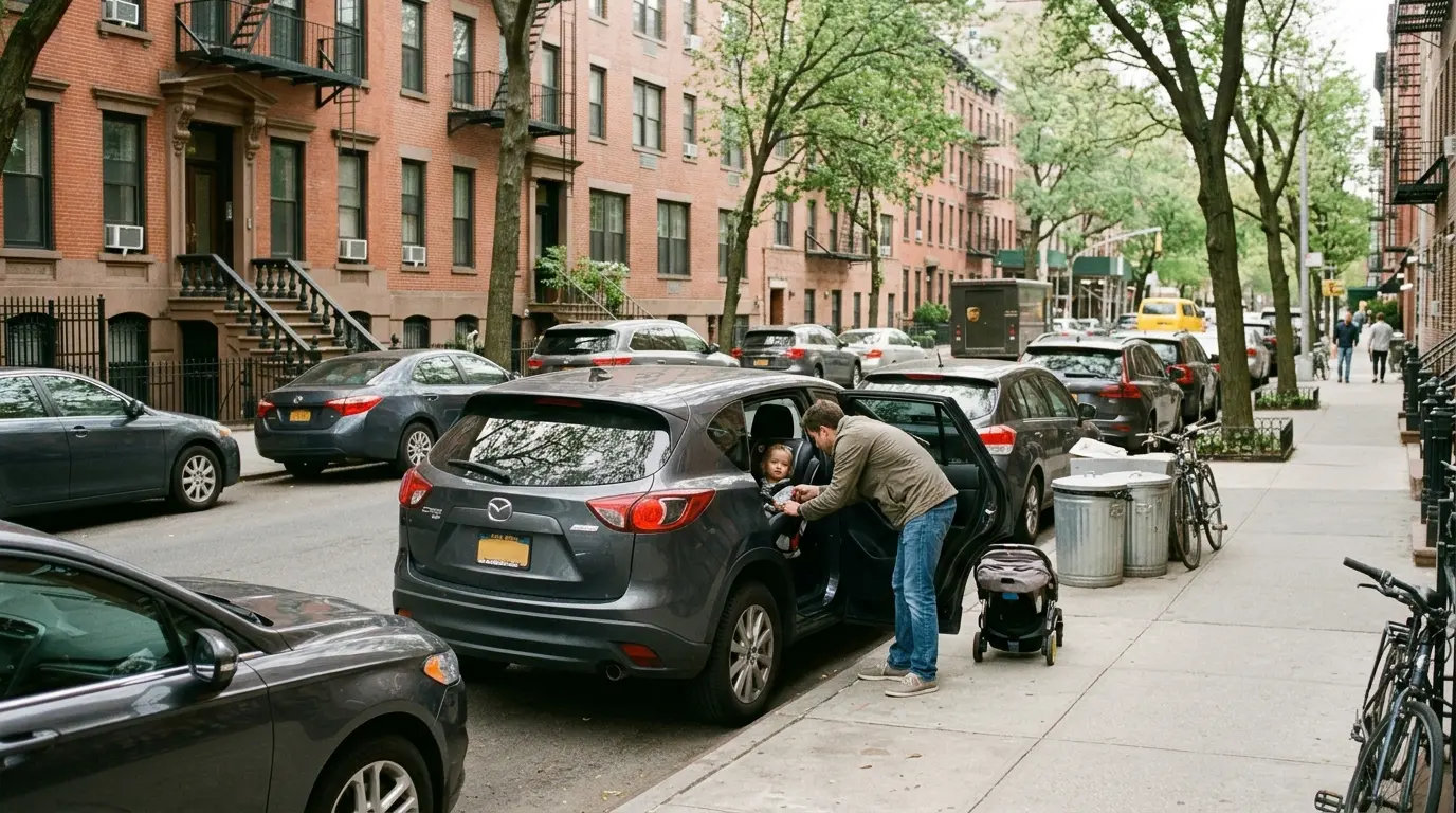 Imagen de la Semana de la Seguridad de los Niños Pasajeros en la que se muestra un tranquilo paisaje urbano de Nueva York con vehículos familiares.