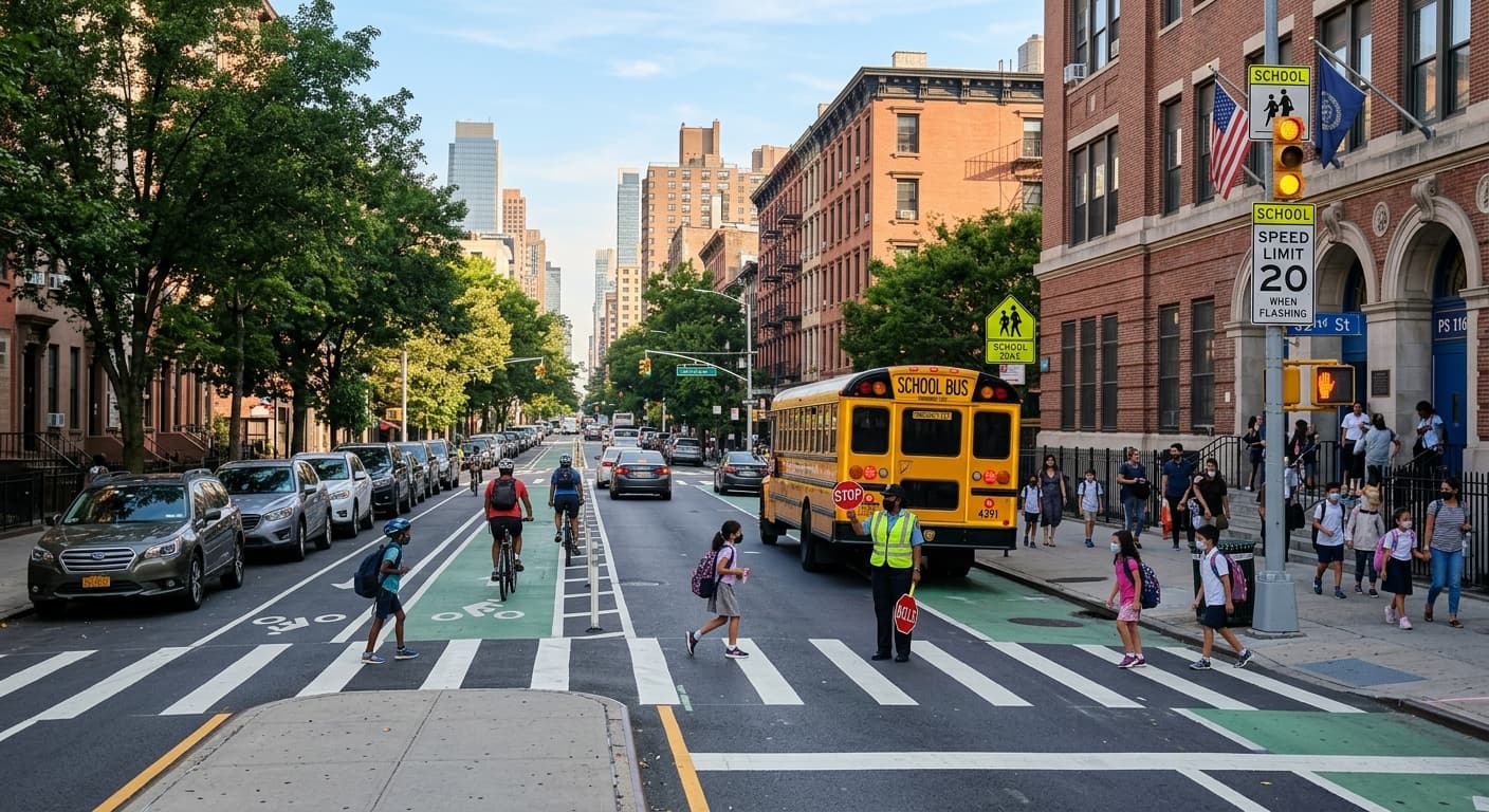 Una manzana escolar de la ciudad de Nueva York con un autobús, un carril bici, un paso de peatones y tráfico que ilustra la seguridad vial en la vuelta al cole.