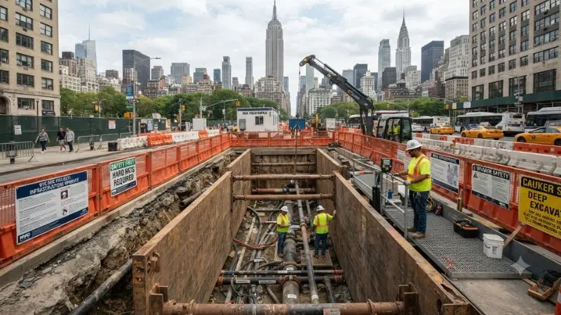 New York infrastructure construction scene with a protected excavation representing Trench Safety Stand Down awareness.