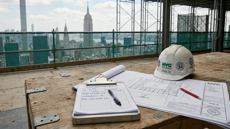 Safety inspection setup with hard hat and plans representing Building Safety Month 2026 Begins