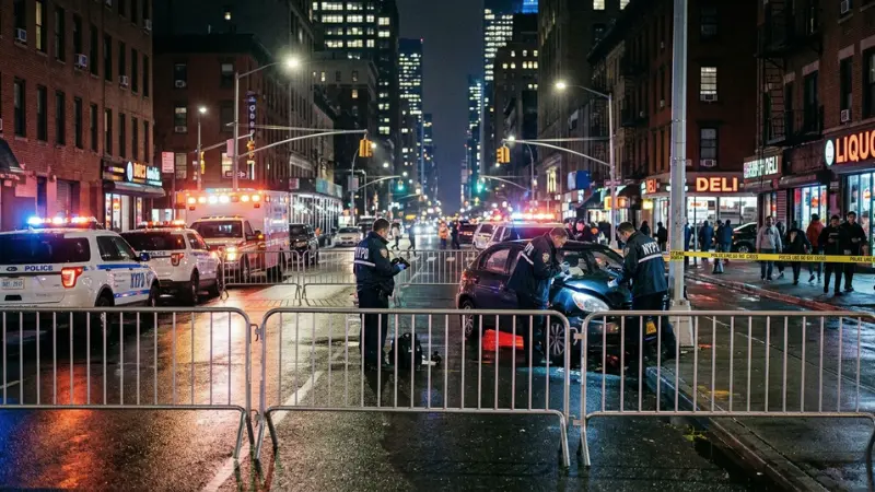NYC nighttime street scene representing a Manhattan Crash Investigation after a serious collision.