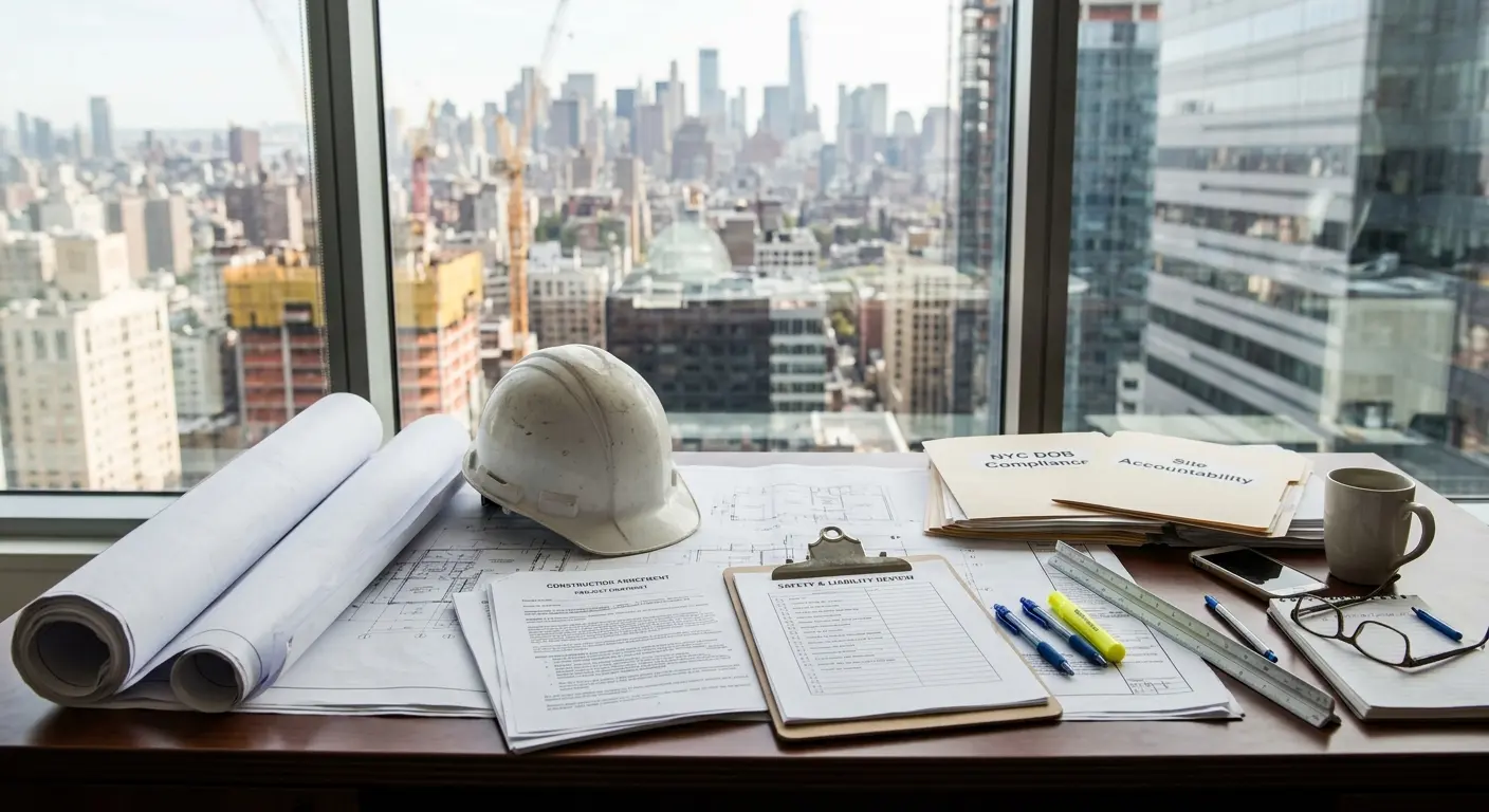 Los planos de construcción, los contratos y el casco de seguridad simbolizan la responsabilidad en las obras, mientras aumentaban las muertes en el sector de la construcción en Nueva York.