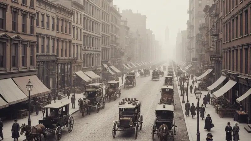 Historic 1899 New York street with early automobile representing Car Accident History
