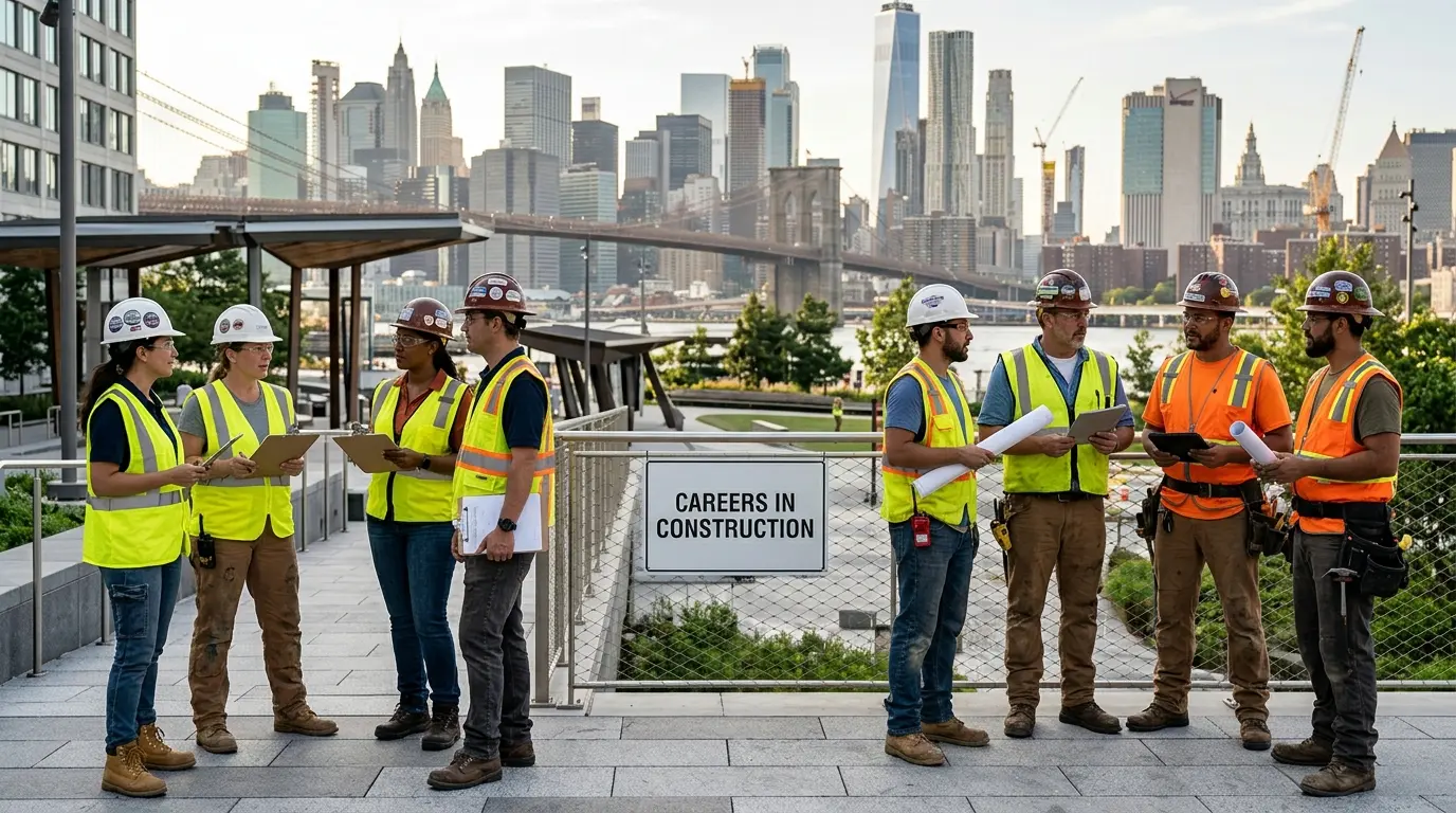 Profesionales de la construcción de la ciudad de Nueva York junto a un proyecto urbano con motivo del Mes de las Carreras en la Construcción.