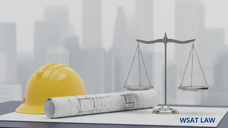 Construction Accident Trends 2026, legal advocacy for NYC construction workers illustrated by scales of justice and hard hat.