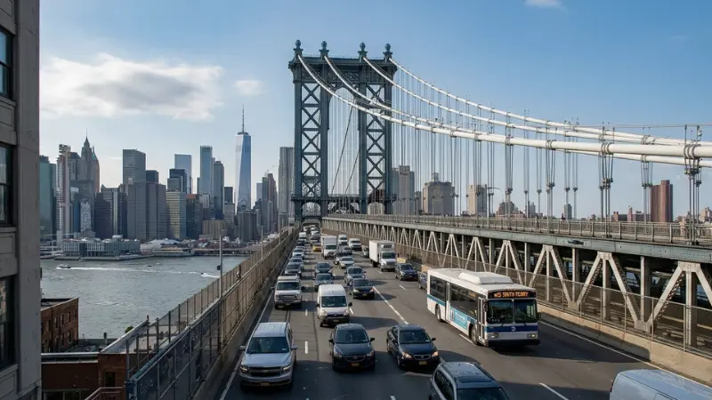 City bus traveling across the Manhattan Bridge representing urban traffic conditions related to bus accident injuries.