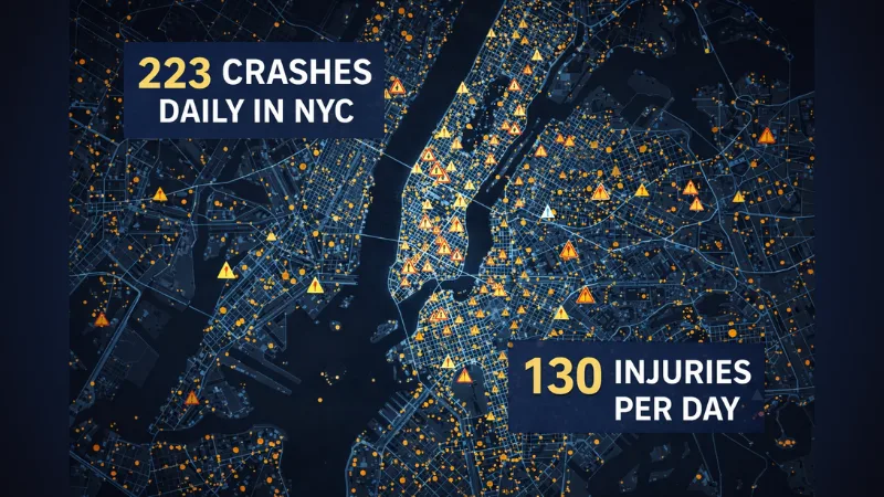 Infographic of New York City map with hazard markers showing crash density and statistics highlighting daily crashes and injuries. NYC pedestrian accident 2025 infographic