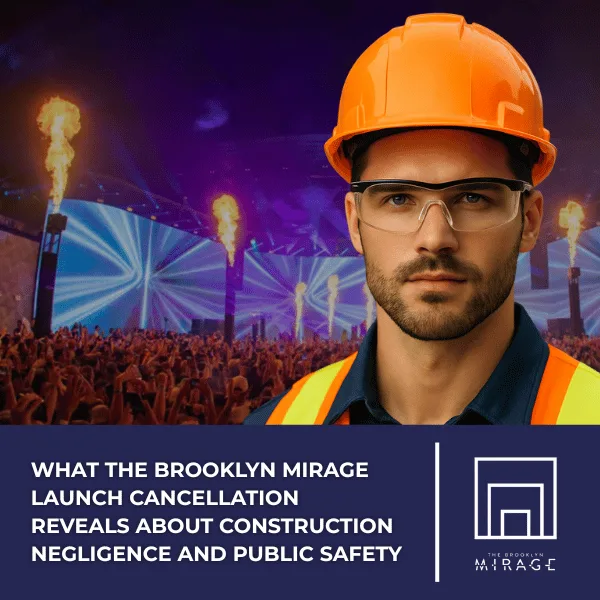 background is the brooklyn mirage current state with text "What the Brooklyn Mirage Launch Cancellation Reveals About Construction Negligence and Public Safety"