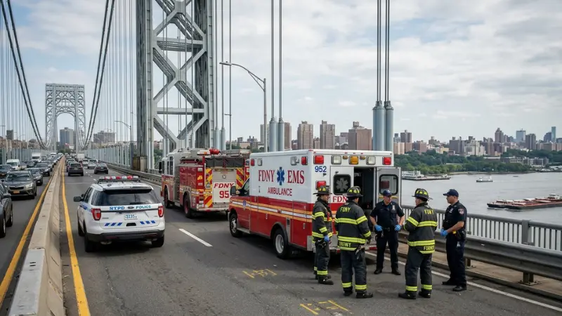 Emergency vehicles stationed on a bridge after a Manhattan Bridge bus crash with responders nearby