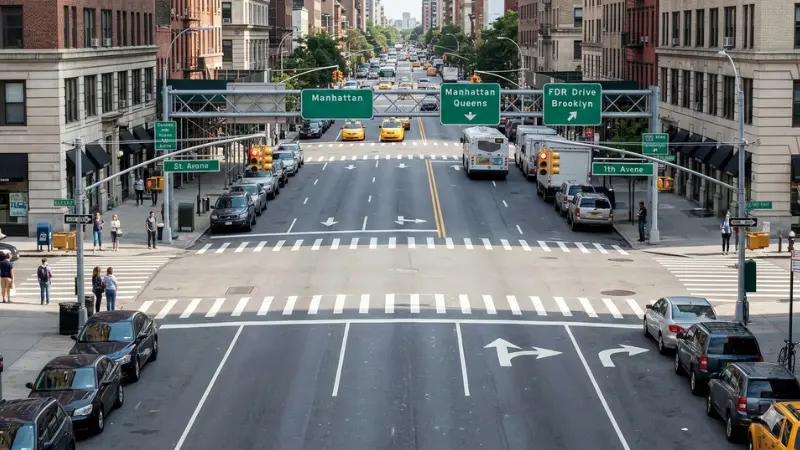 NYC roadway arrows and signage symbolizing Wrong Way Crash Manhattan traffic investigation.