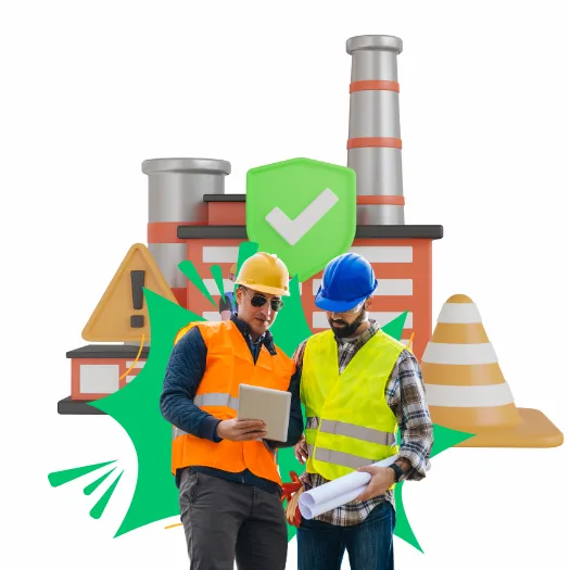 Ilustración en 3D de una obra de construcción con un mensaje de alerta y dos trabajadores discutiendo sobre el trabajo.