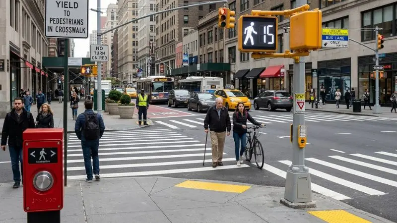 Un paso de peatones y un semáforo de la ciudad de Nueva York que ilustran el contexto de seguridad peatonal en torno a un caso de atropello con fuga de un peatón en el Bronx.