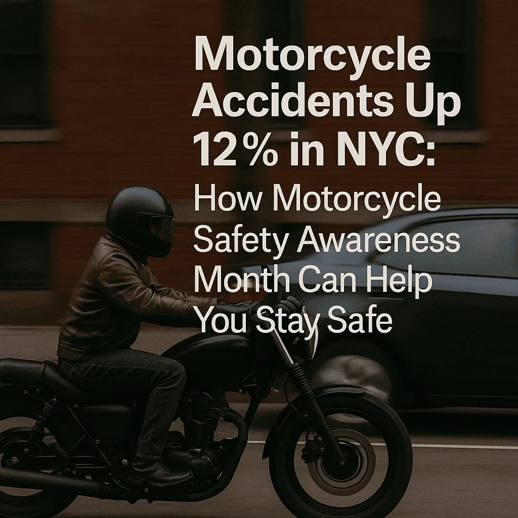 motorcyclist riding a bike at high speed with the text "motorcycle accident up 12% in NYC, how motorcycle safety awareness month can help you stay safe"
