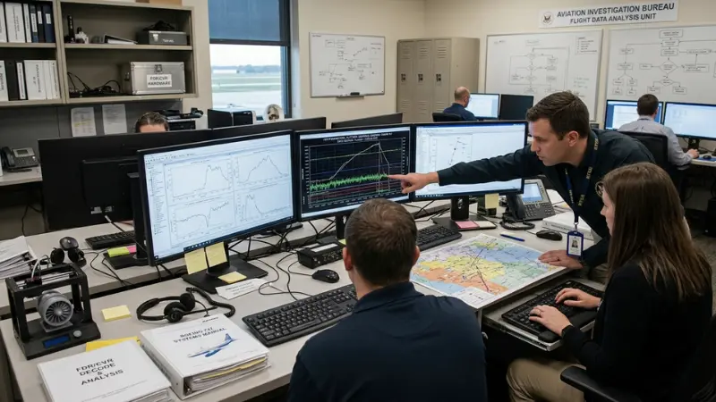 Aviation investigation workspace showing data analysis related to LaGuardia airport collision