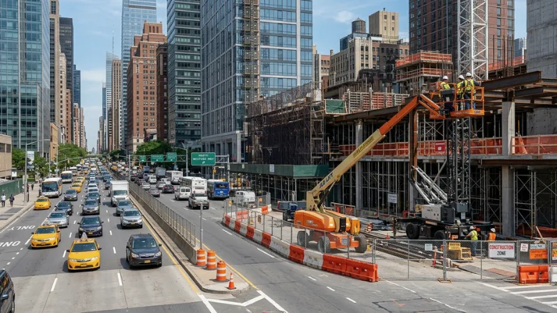 Construction lift positioned near a NYC street representing a NYC construction lift accident