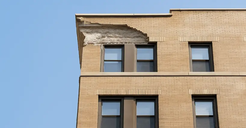 Damaged brick building facade with large section collapsed at the parapet in New York City, highlighting risks of falling debris in construction and building safety accidents