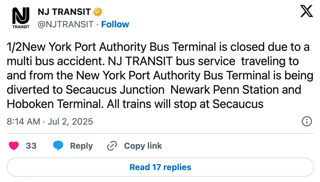official NJ Transit Twitter statement about the Port Authority Bus Terminal Accident