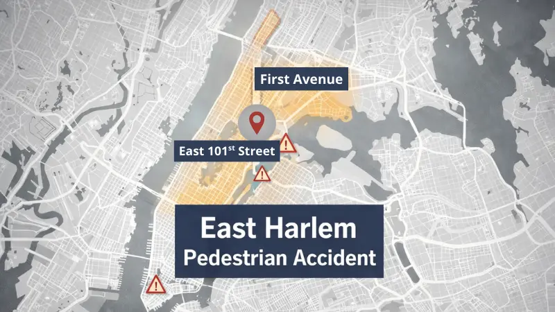Infographic map of New York City highlighting East Harlem Pedestrian Accident with red warning markers along First Avenue and East 101st Street representing crash locations.