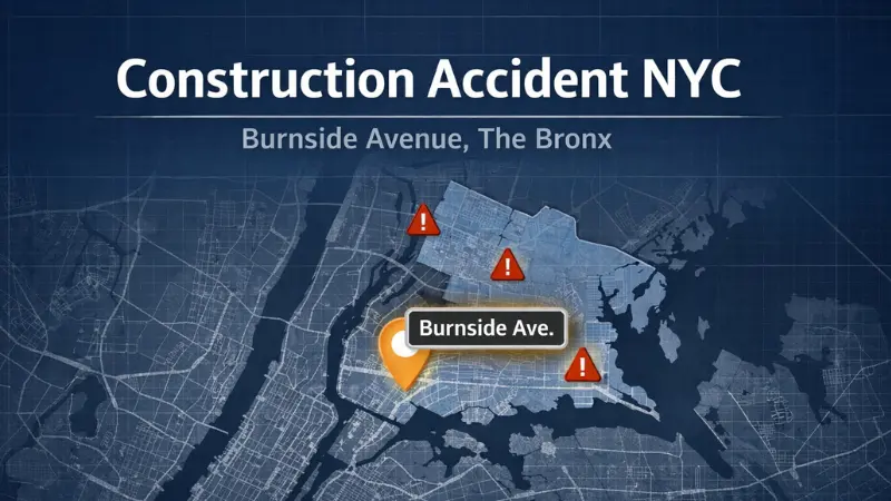 Mapa infográfico que destaca el Bronx y Burnside Avenue, mostrando el lugar donde se produjo un accidente de construcción en Nueva York que provocó órdenes de suspensión de obras y nuevas inspecciones de seguridad.