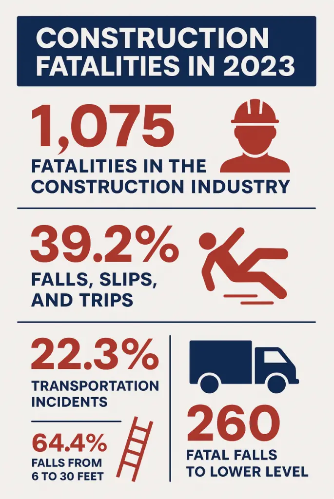 Infografía que muestra las muertes en el sector de la construcción en EE. UU. en 2023, en la que se destaca que las caídas, los resbalones y los tropiezos representaron el 39,2 % del total de fallecimientos. La mayoría de las caídas mortales se produjeron desde alturas comprendidas entre 6 y 30 pies, y las escaleras y las escaleras de mano contribuyeron a más de 100 fallecimientos. Fuente de los datos: Censo de Accidentes Laborales Mortales de la Oficina de Estadísticas Laborales (BLS).