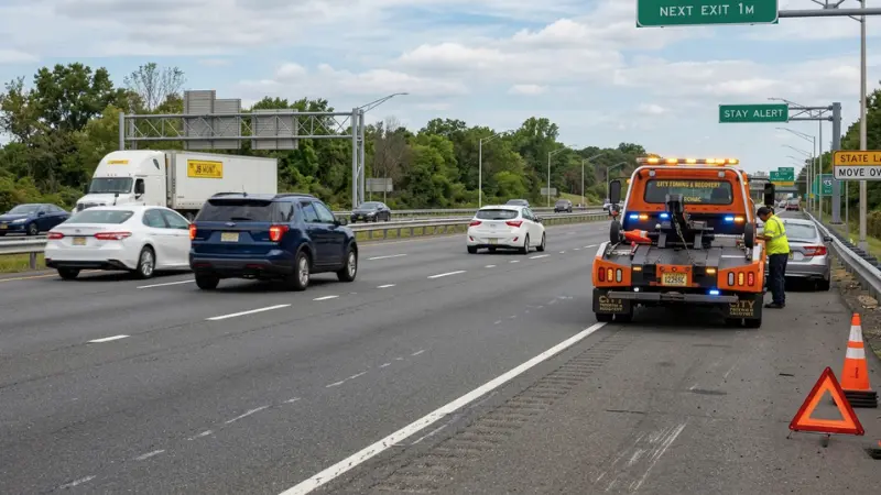 Highway scene showing vehicles moving over for a tow truck as part of Move Over law awareness campaigns