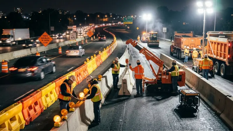 Obreros de la construcción con ropa de seguridad reflectante cerca de una zona de obras en la autopista relacionada con el accidente ocurrido en la zona de obras de la I-80.