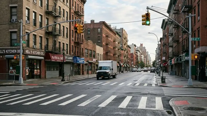 Illustrative Hell’s Kitchen hit-and-run context showing a Manhattan intersection, crosswalk, traffic signals, and generic delivery truck.