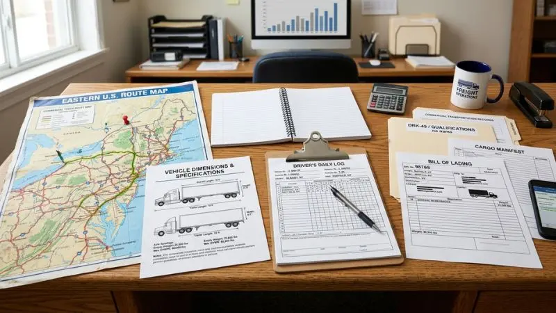 Commercial truck records and route documents representing materials that may be reviewed after an I-87 bridge truck crash.