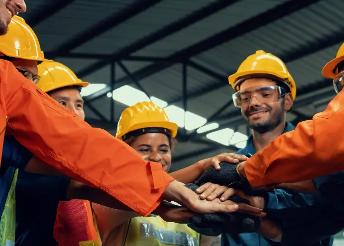 Group of construction workers in hard hats stacking hands in solidarity during OSHA Safe + Sound Week 2025 in NYC