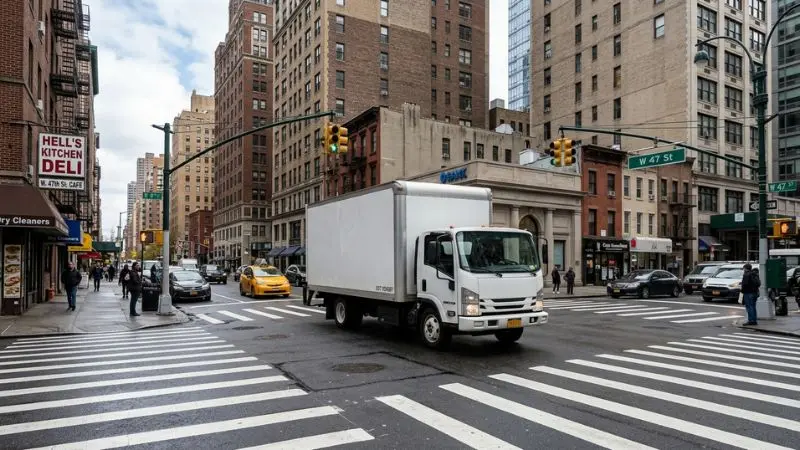 Escena de un atropello con fuga en Hell’s Kitchen, representada por un camión de reparto genérico de estilo administrativo que circula por un cruce de Manhattan.