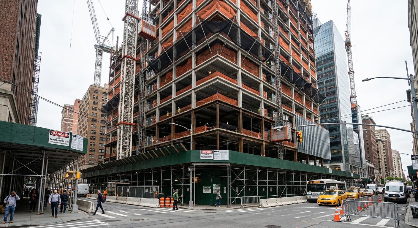 New York City construction site with cranes and scaffolding illustrating how NYC Construction Fatalities Rose.