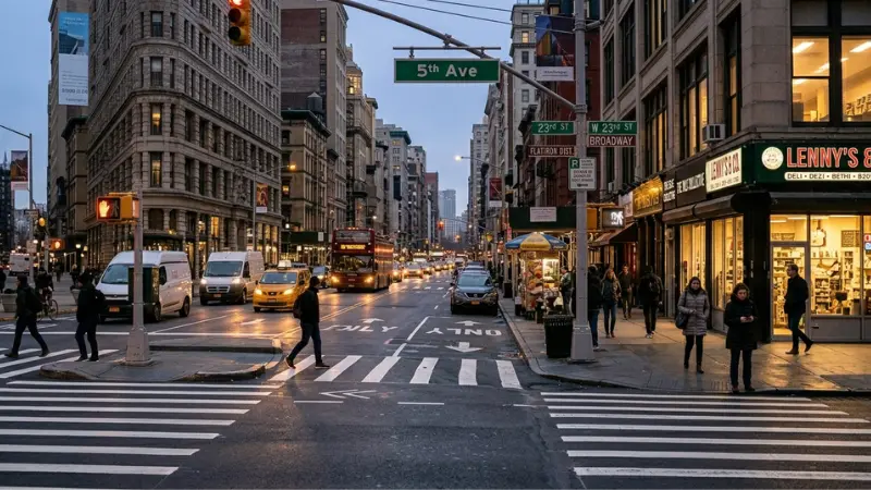 New York City sidewalk and avenue corner representing the location context of a Manhattan pedestrian crash.