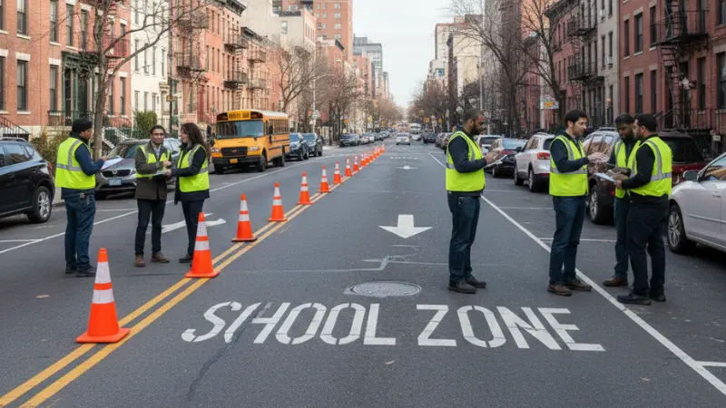 Transportation safety review materials on a Brooklyn street representing the B36 Bus Crash in Coney Island investigation process.