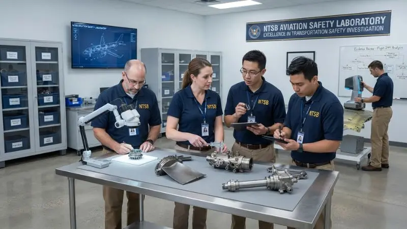 Aviation investigators reviewing aircraft components during the Hudson River Helicopter Investigation.