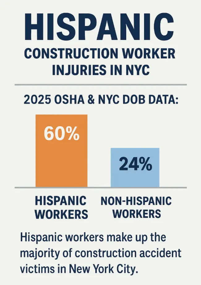 Infographic showing OSHA and NYC DOB data on Hispanic construction worker injuries in New York City, 2025.