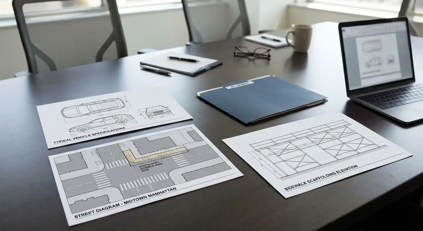 Scaffolding Crash in Midtown concept showing generic vehicle, roadway and scaffolding materials arranged on a review table.