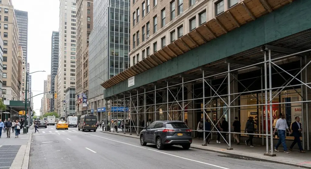 Imagen de un accidente con andamios en Midtown que muestra una calle de Manhattan, un turismo y andamios en la acera, sin que se aprecie la escena del accidente.
