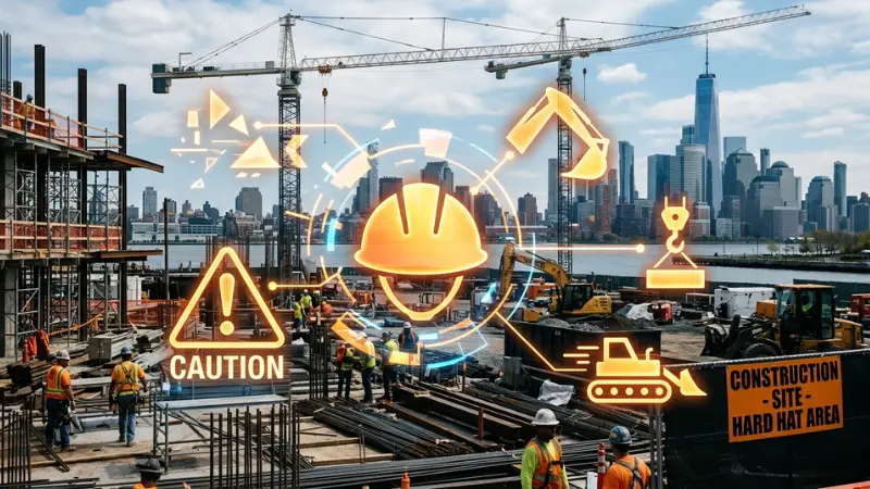 Abstract icons showing construction safety related to fatal construction accident involving heavy equipment