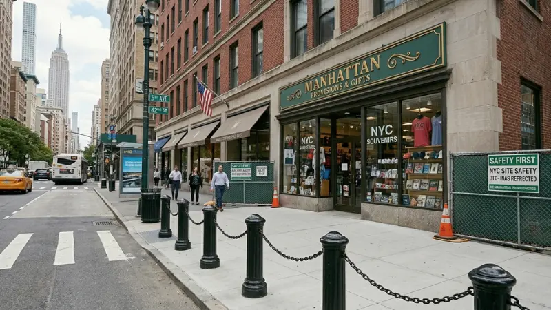 NYC storefront and sidewalk layout representing SUV crashes into NYC storefront scenario