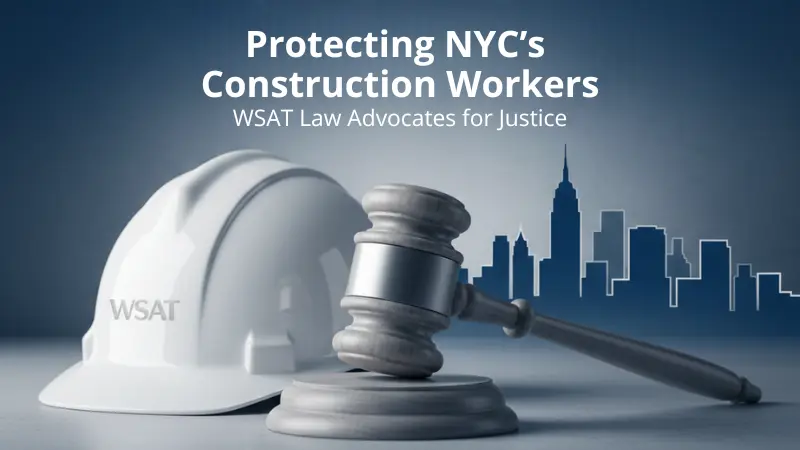 Legal awareness graphic featuring a gavel, hard hat, and New York City skyline promoting WSAT Law’s advocacy for victims of NYC Construction Accidents.