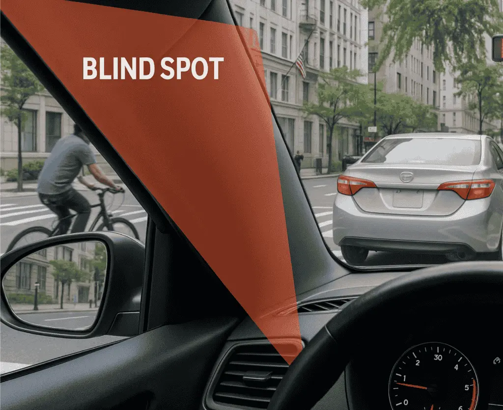 Driver’s perspective showing a cyclist hidden in the car’s blind spot on a busy NYC street