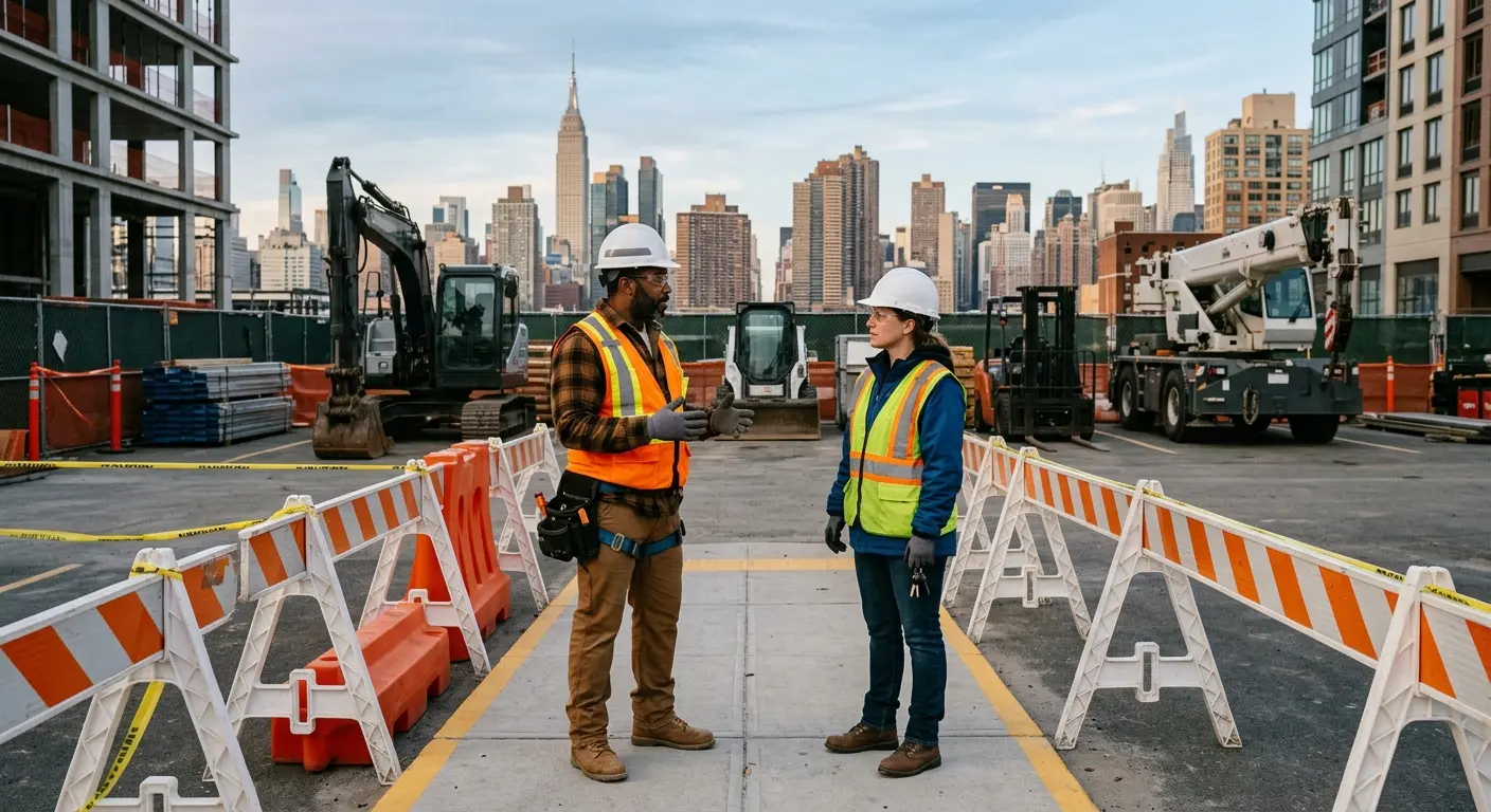 Construction workers in a designated pedestrian area at an NYC site, providing context for NYC construction equipment injuries.