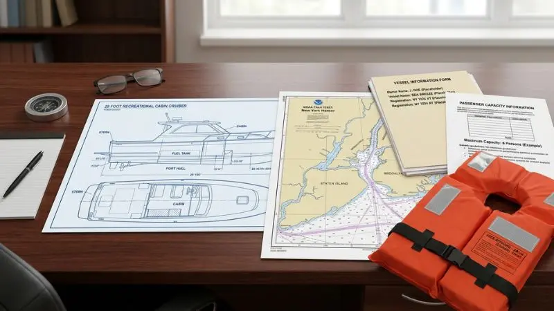 Boat capsized near Liberty Island investigation represented by a vessel diagram, harbor map, documents, and life jacket.