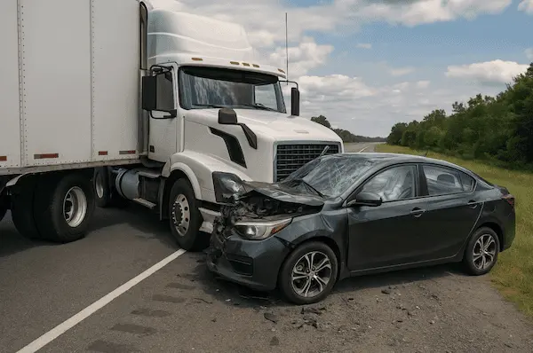 Un camión de gran tonelaje chocó contra un turismo en una autopista muy transitada, lo que pone de manifiesto las graves consecuencias del aumento de los accidentes de camiones registrado en junio.