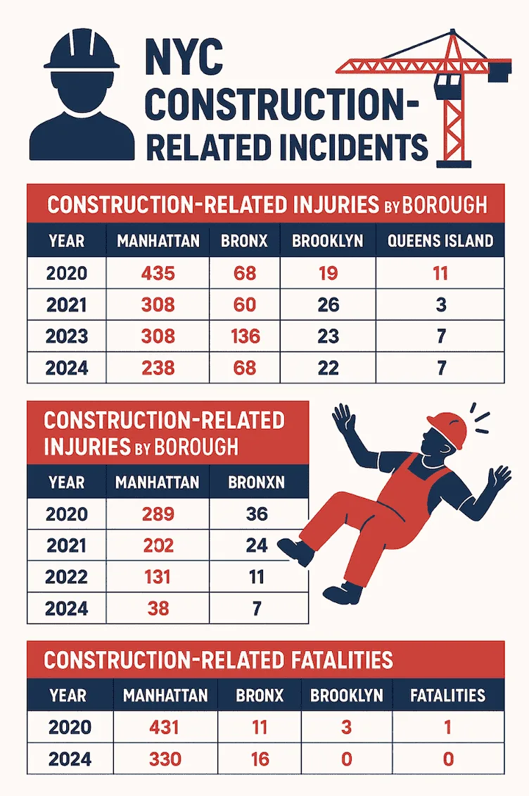 NYC Construction Accident Statistics infographic from 2020 to 2024